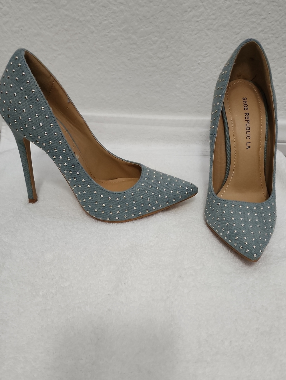 Shoe Republic LA Light Blue Denim Crystal Pointed Stiletto Pumps